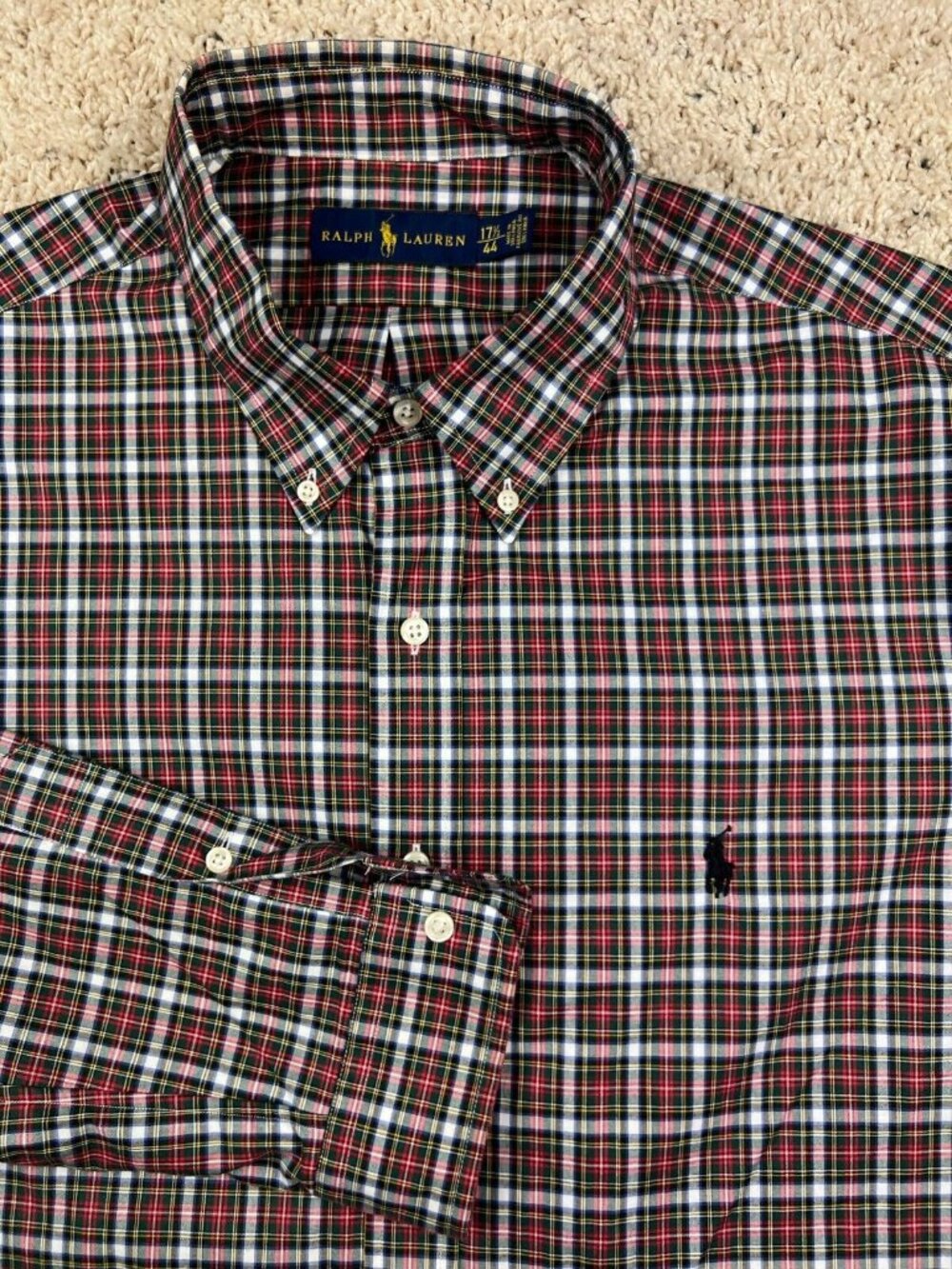 Ralph Lauren Red Green Blue Plaid Button Up Long Sleeve Shirt Size 17.5 Cotton